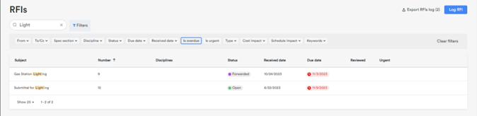 Screenshot of the Newforma Konekt web-based platform, showing how you can search RFIs by keyword, or overdue, or other filters, before exporting it as a report on Excel. 